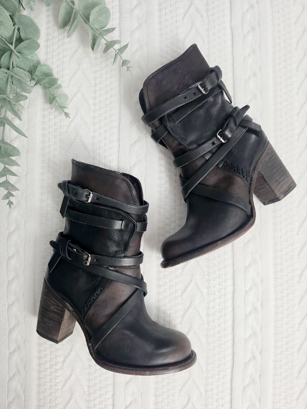 Freebird Baker Boots Genuine Leather Stacked Strappy Zipper Buckle Bikercore 7